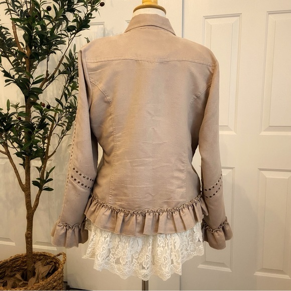Faux Suede Ruffled Tan Jacket Metal Stud Accents - Picture 7 of 10